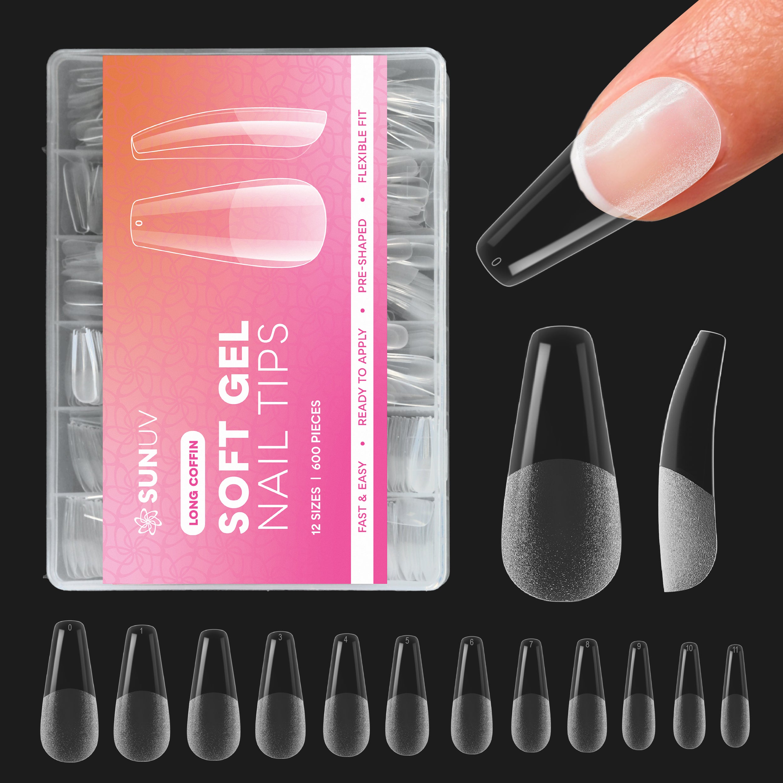 SUNUV 600 PCS Long Coffin Gel Nail Tips