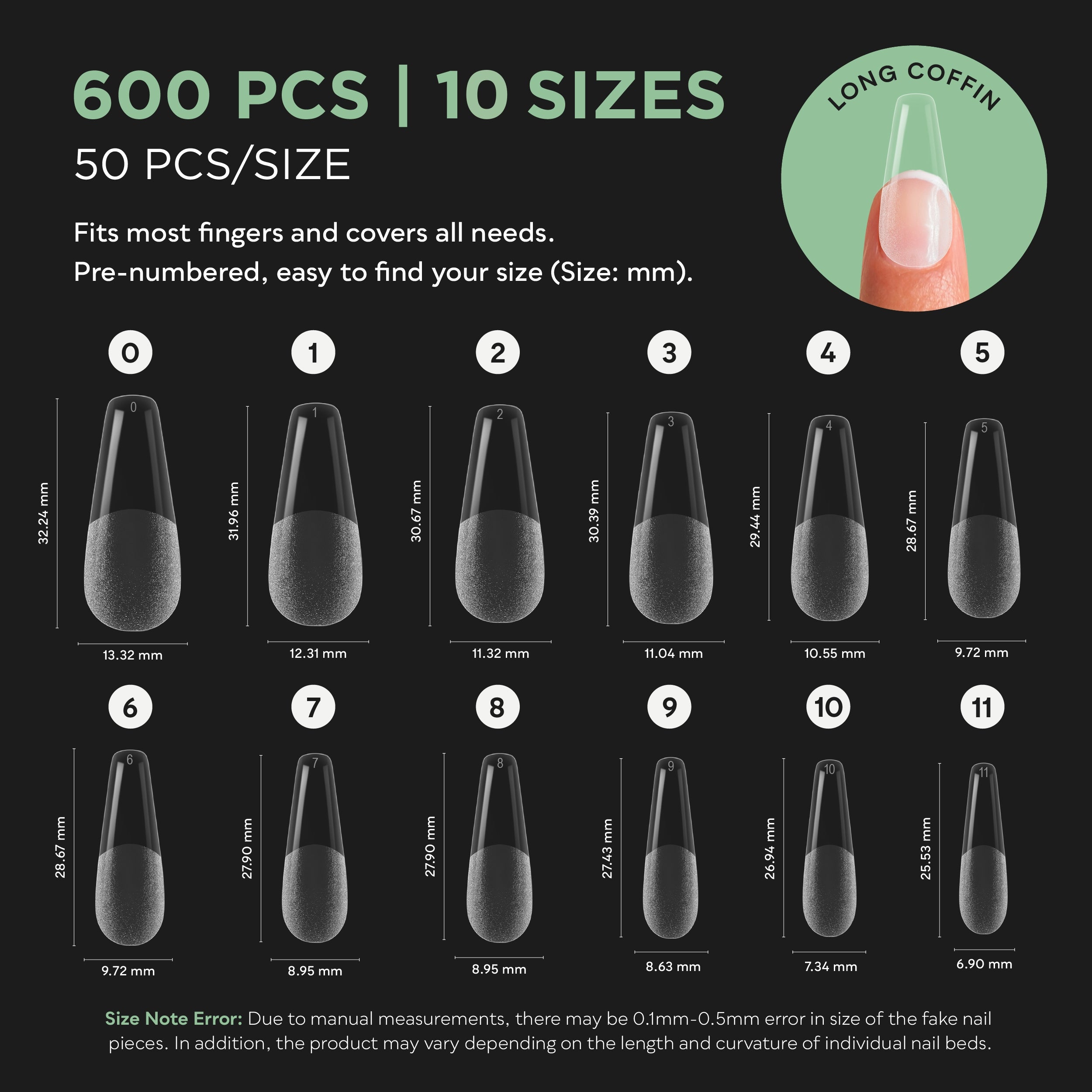 SUNUV 600 PCS Long Coffin Gel Nail Tips