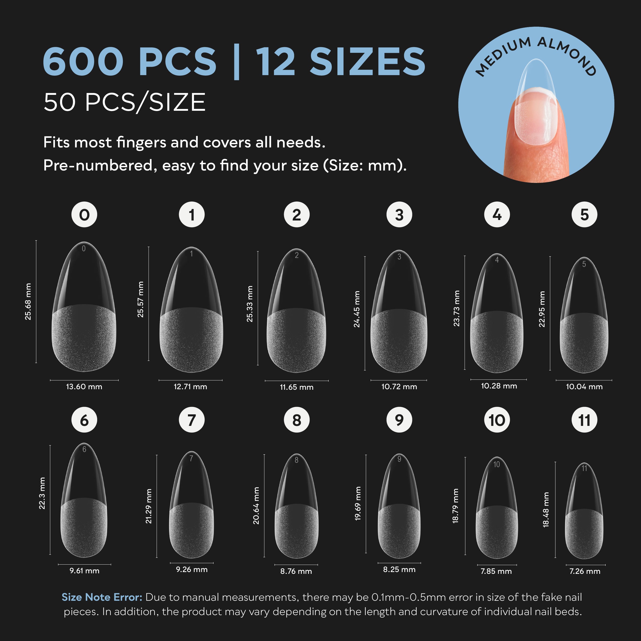 SUNUV 600 PCS Medium Almond Gel Nail Tips