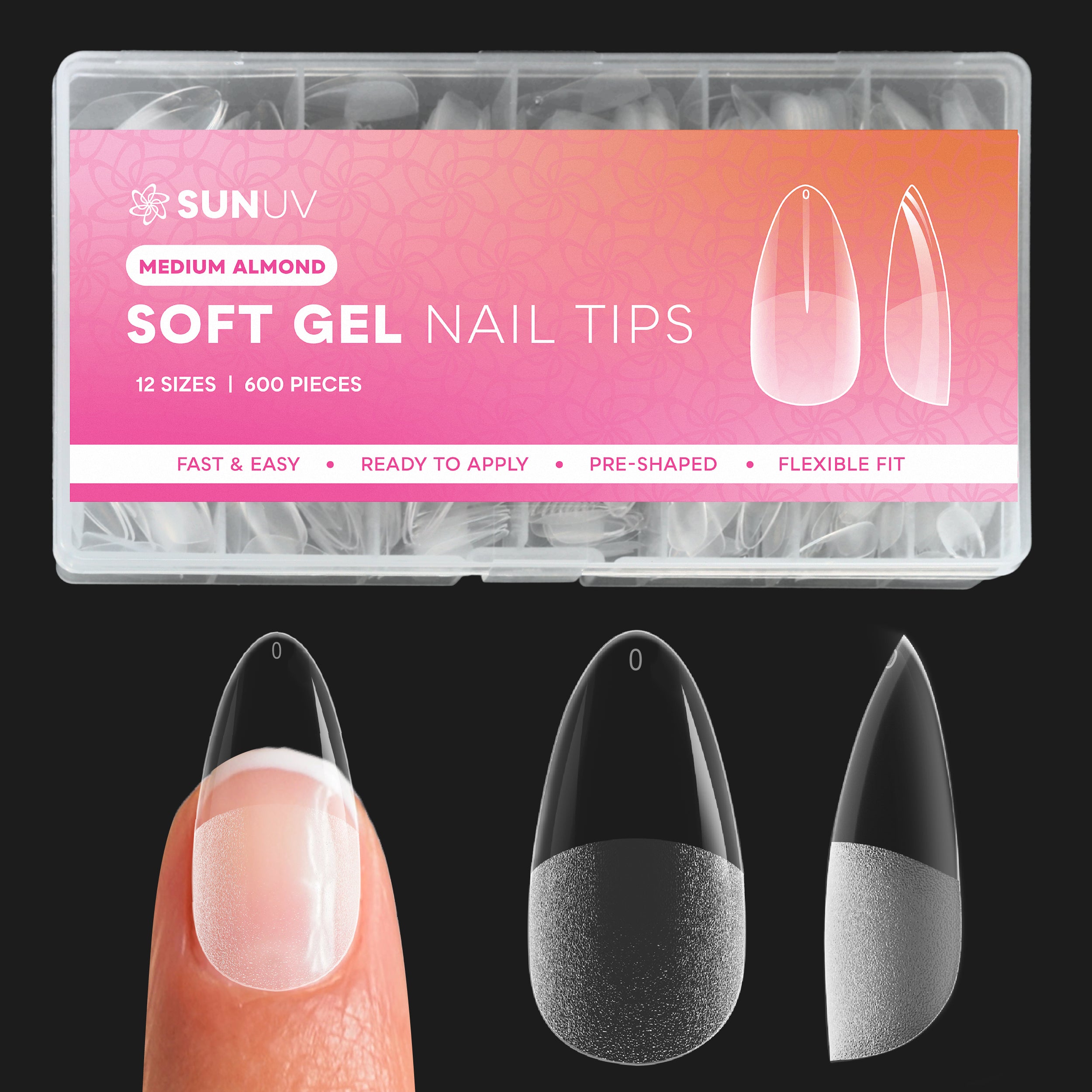 SUNUV 600 PCS Medium Almond Gel Nail Tips