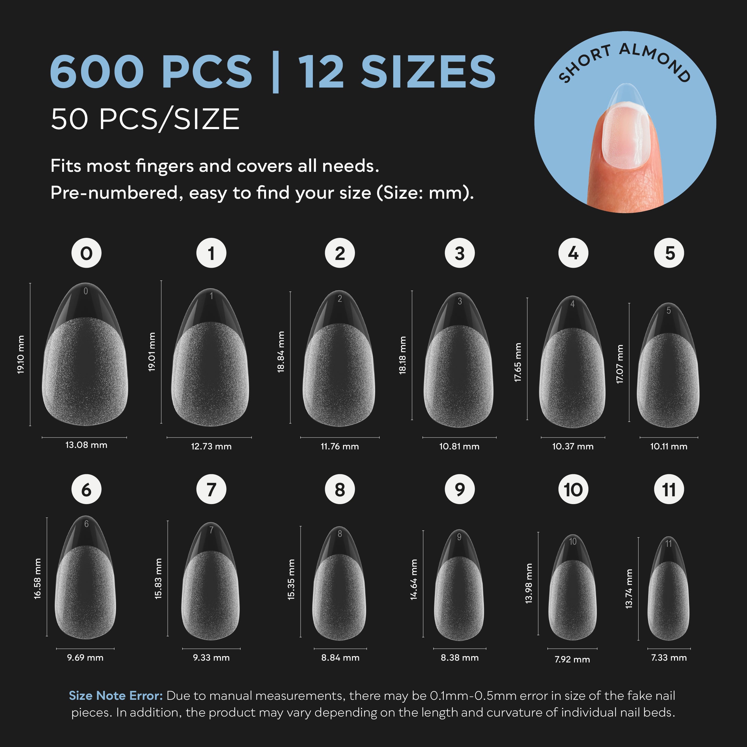 SUNUV 600 PCS Short Almond Gel Nail Tips